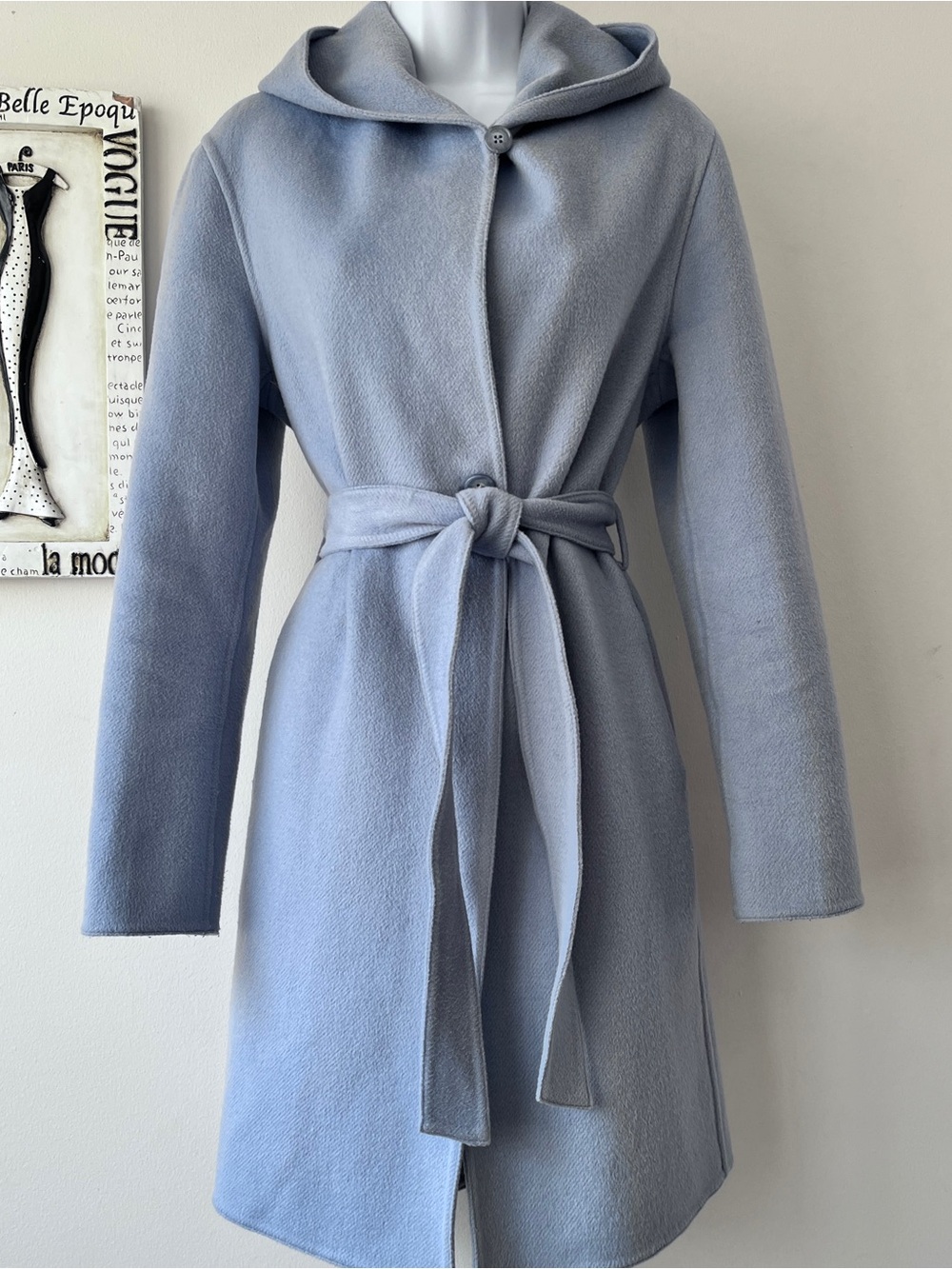 Uniqlo Double Face Wool Blend Blue Hooded Belted Minimalist Coat Size S